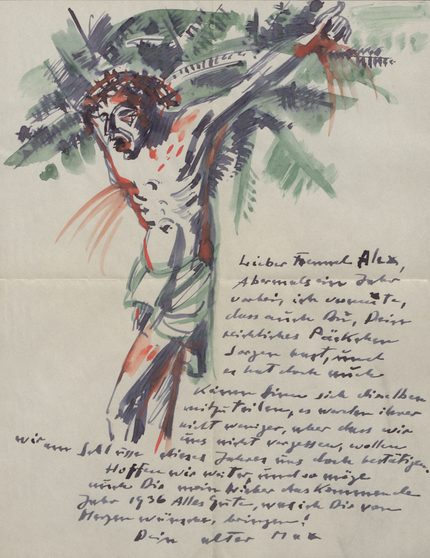 Max Pechstein, Brief mit aquarellierter Federzeichnung an Alexander Gerbig